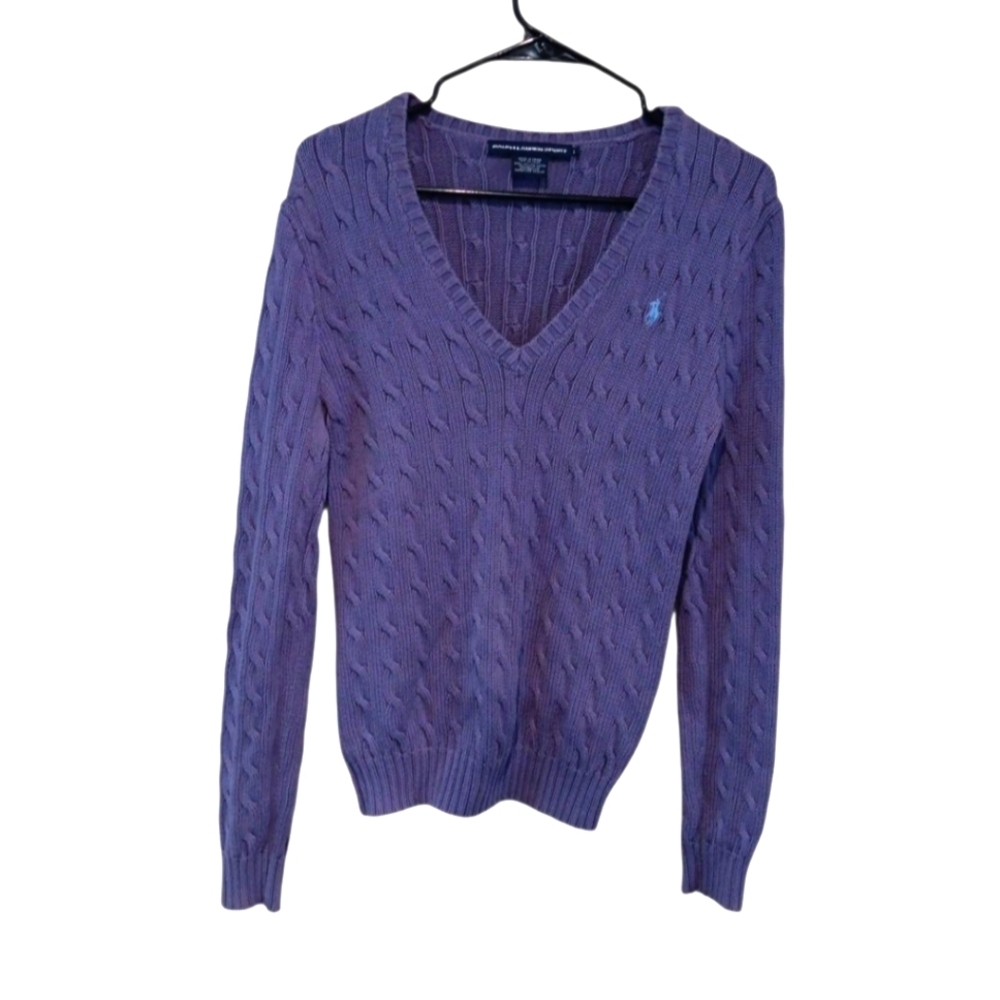 Y2k Ralph Lauren Sport Purple Cable Knit V-Neck Sweater Sz L Women
